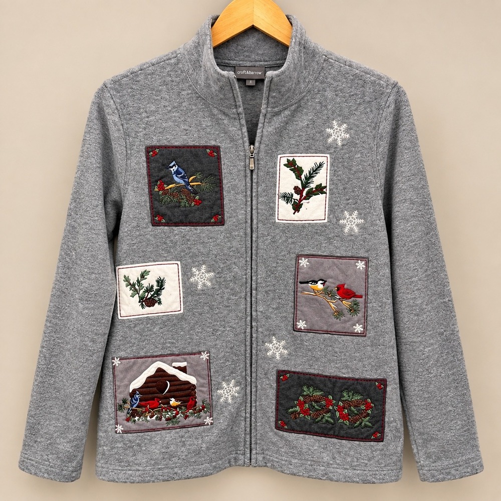 Croft & Barrow Fleece Zip Jacket Winter Birds Embroidered Patch Sz M Christmas
